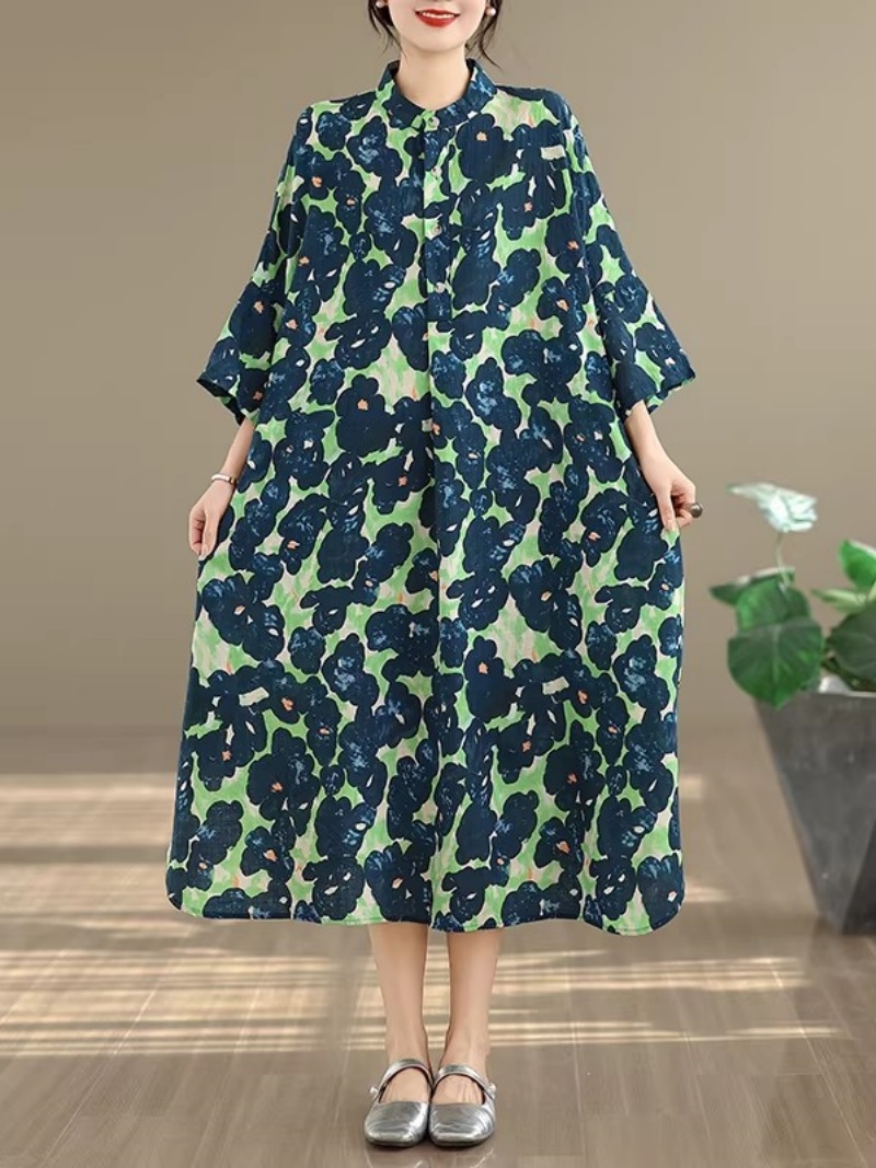 Casual Loose Linen Shirt Dress - Vacation Dress: Bat Sleeve, Stand Collar,