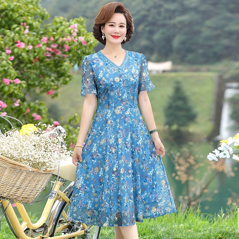 Women Summer Casual Dress Ladi - French Vintage Floral Midi Dress 评论和价格