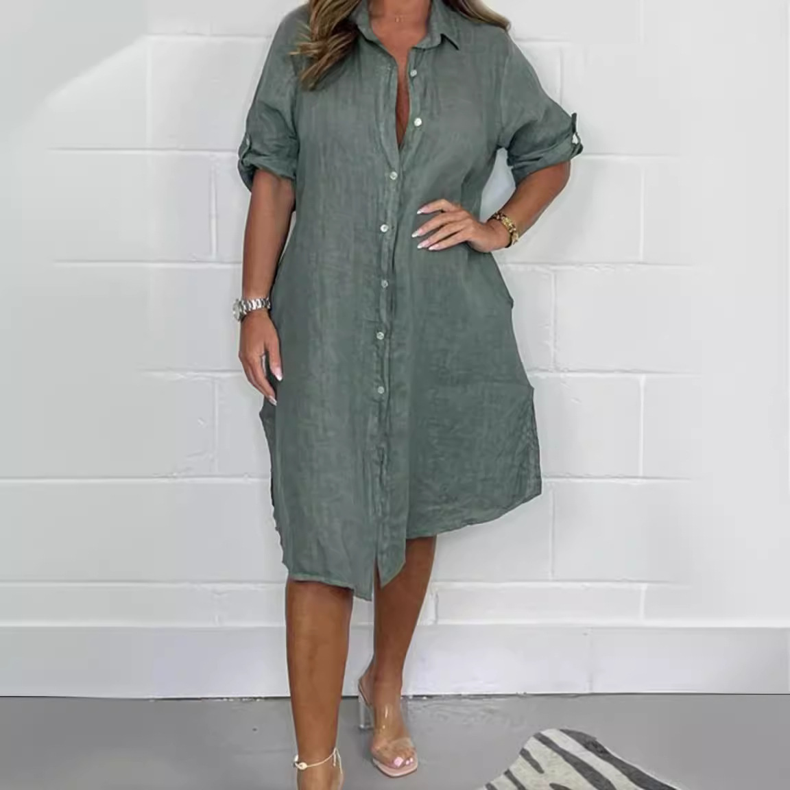 Spring Summer Linen 3/4 Sleeve - Casual Loose Linen Shirt Dress 评论和价格