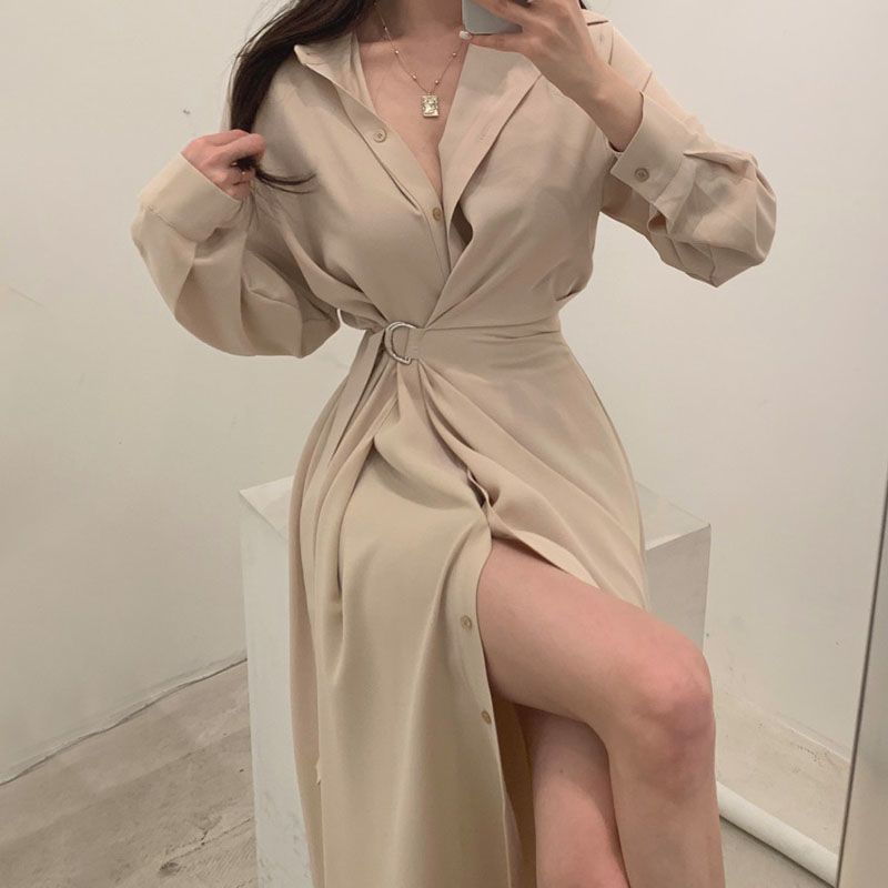 Long Sleeved Lapel Shirt Style - Korean Style A Line Shirt Dress 评论和价格