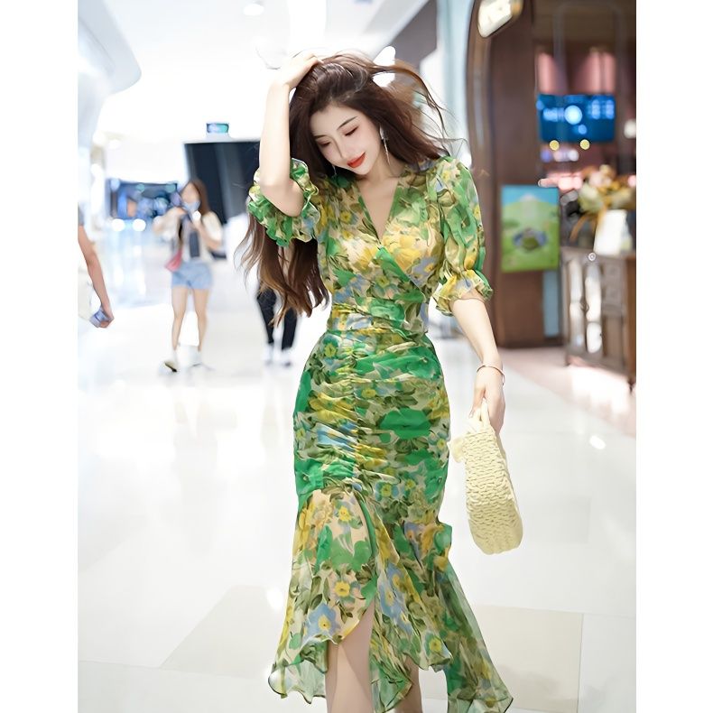 New Summer Fashion Style Waist - French Vintage Floral Midi Dress 评论和价格