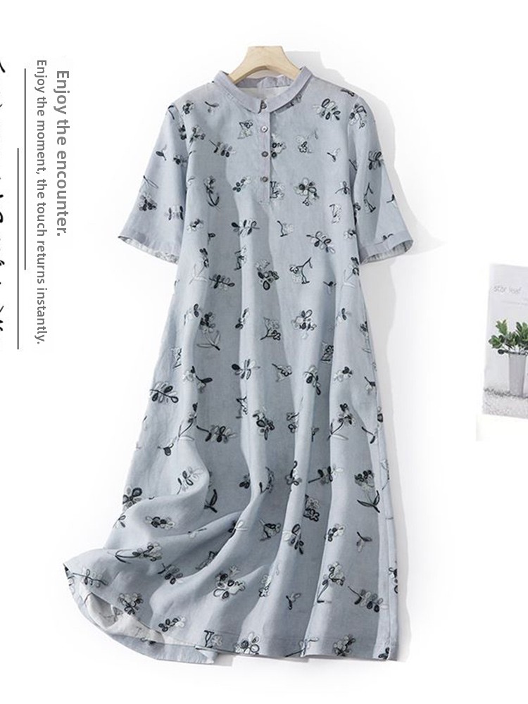 Artistic Floral Print Loose Co - Casual Loose Linen Shirt Dress 评论和价格