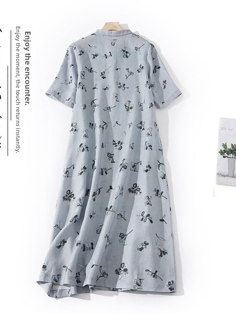 Artistic Floral Print Loose Co - Casual Loose Linen Shirt Dress 评论和价格