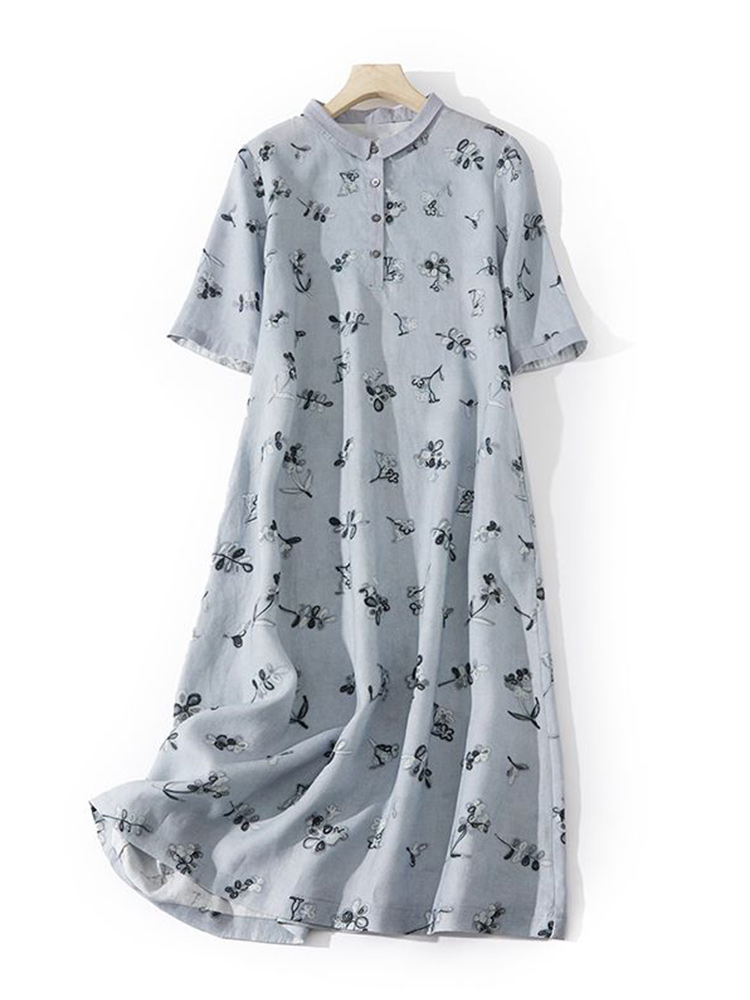 Artistic Floral Print Loose Co - Casual Loose Linen Shirt Dress 评论和价格