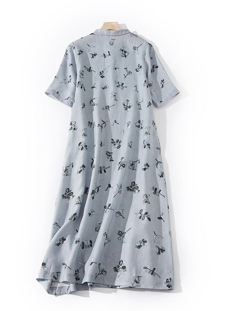 Artistic Floral Print Loose Co - Casual Loose Linen Shirt Dress 评论和价格