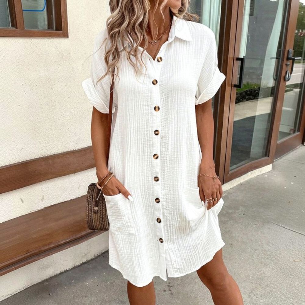 Women V Neck Shirt Dress Summe - Casual Loose Linen Shirt Dress 评论和价格